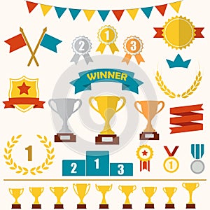 Trophy and awards icon set: laurel wreath, winning trophy cup, crown, medals, pedestal, flags, ribbons.